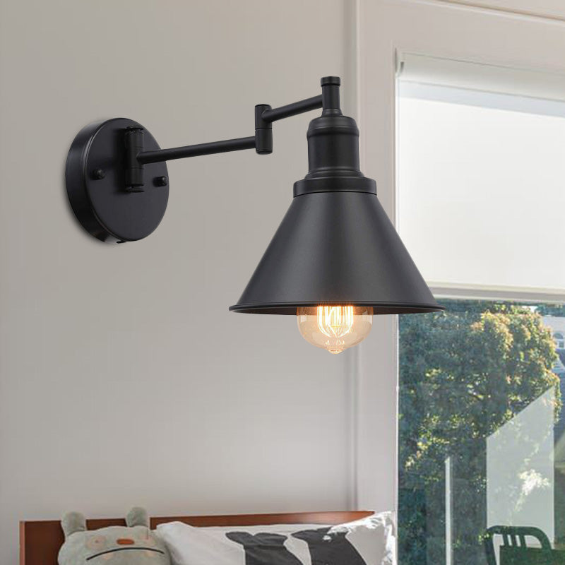 Swing Arm Iron Sconce Lighting Vintage 1 Bulb Coffee Shop Wall Lamp in Black with Conical Shade