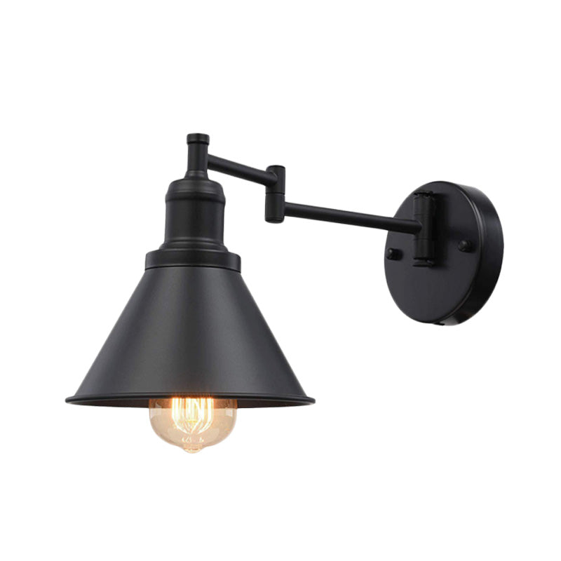 Swing Arm Iron Sconce Lighting Vintage 1 Bulb Coffee Shop Wall Lamp in Black with Conical Shade