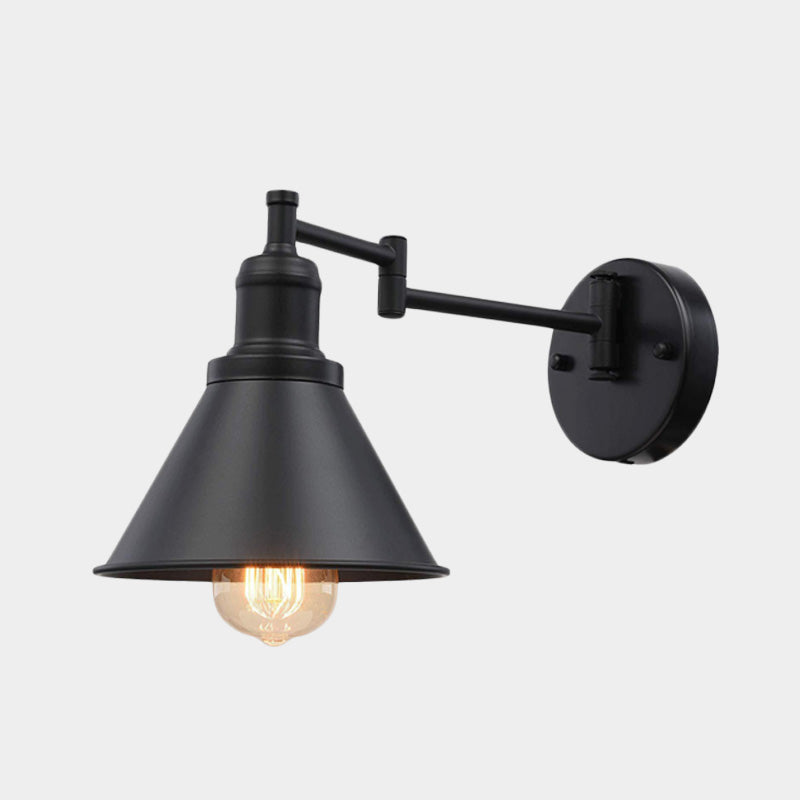 Swing Arm Iron Sconce Lighting Vintage 1 Bulb Coffee Shop Wall Lamp in Black with Conical Shade