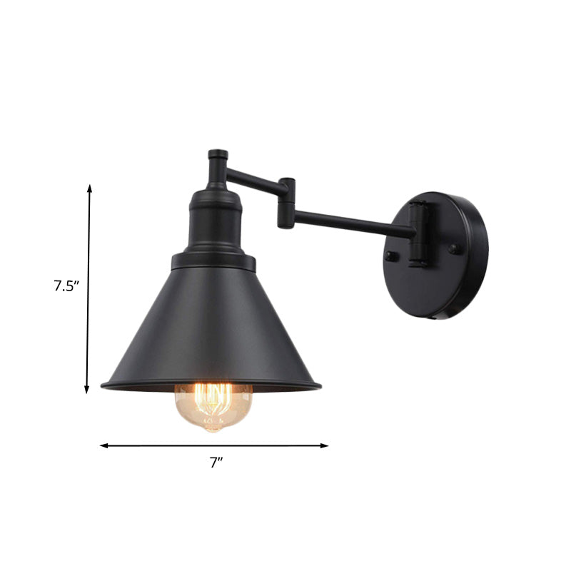 Swing Arm Iron Sconce Lighting Vintage 1 Bulb Coffee Shop Wall Lamp in Black with Conical Shade