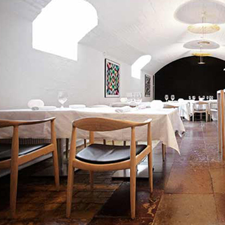 Contemporary Rubberwood Open Arm Chair Natural Leather Dining Chair