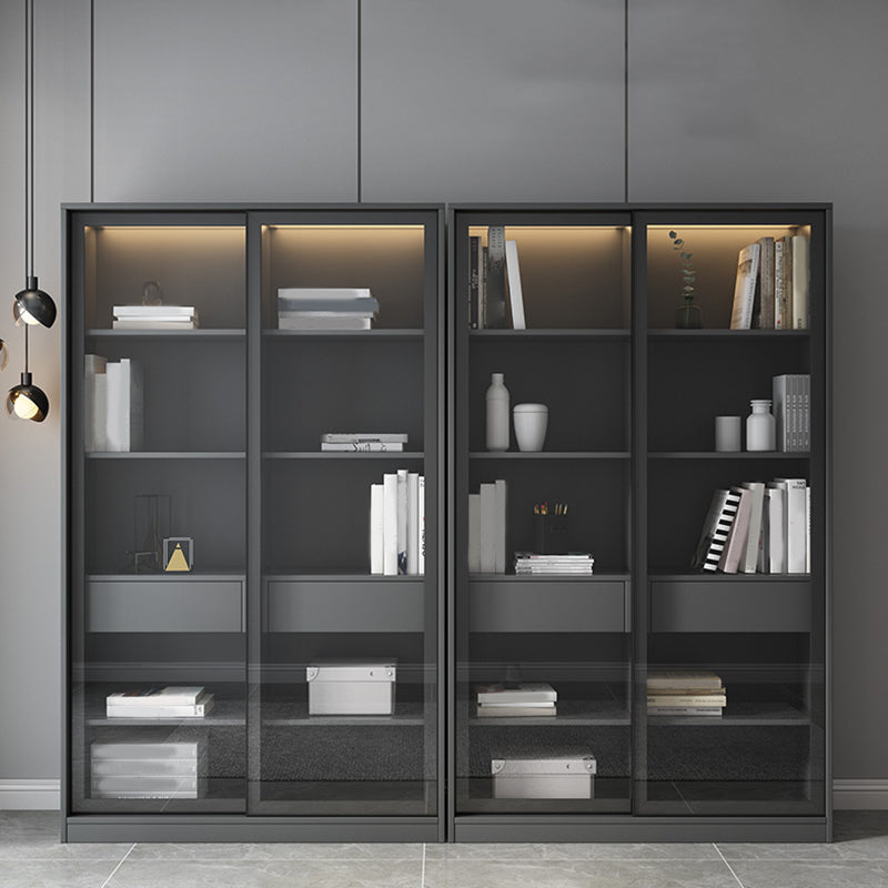 Faux Wood Modern Storage Cabinet Glass Sliding Doors Display Cabinet for Living Room