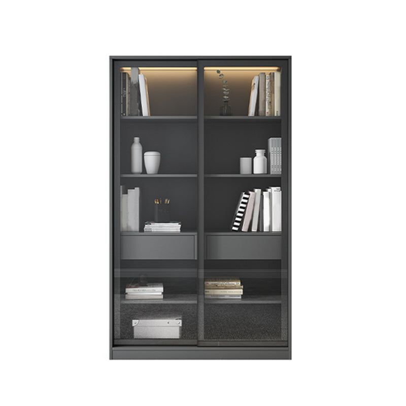 Faux Wood Modern Storage Cabinet Glass Sliding Doors Display Cabinet for Living Room