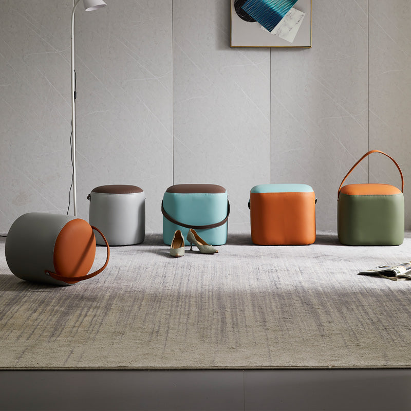 Contemporary Pouf Ottoman Genuine Leather Upholstered Portable Ottoman