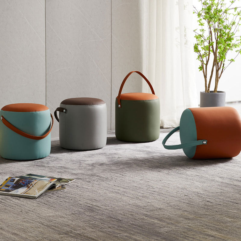 Contemporary Pouf Ottoman Genuine Leather Upholstered Portable Ottoman