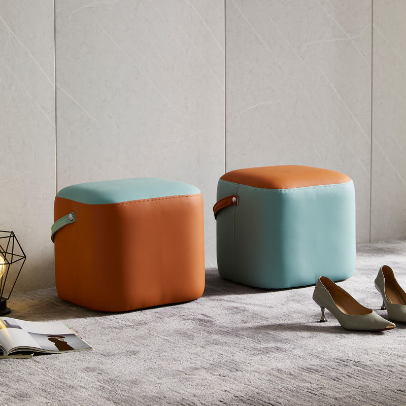 Contemporary Pouf Ottoman Genuine Leather Upholstered Portable Ottoman