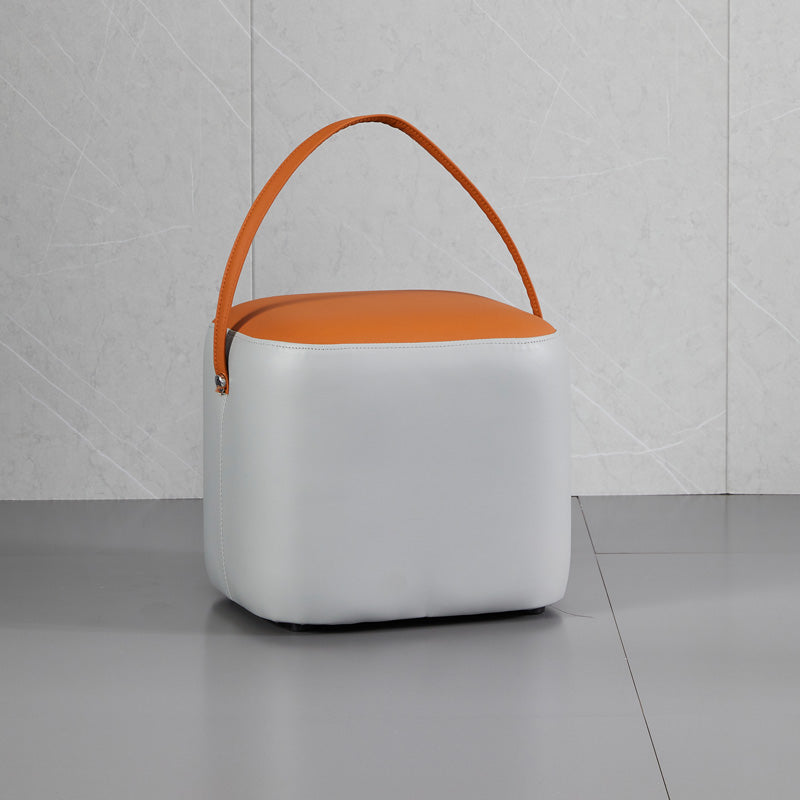 Contemporary Pouf Ottoman Genuine Leather Upholstered Portable Ottoman