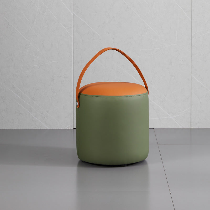 Contemporary Pouf Ottoman Genuine Leather Upholstered Portable Ottoman