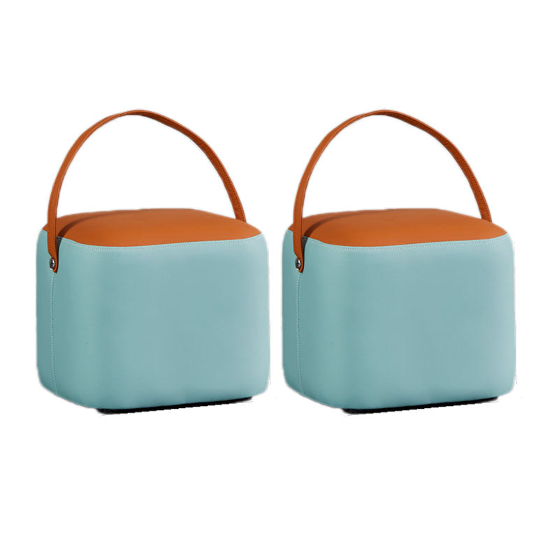 Contemporary Pouf Ottoman Genuine Leather Upholstered Portable Ottoman