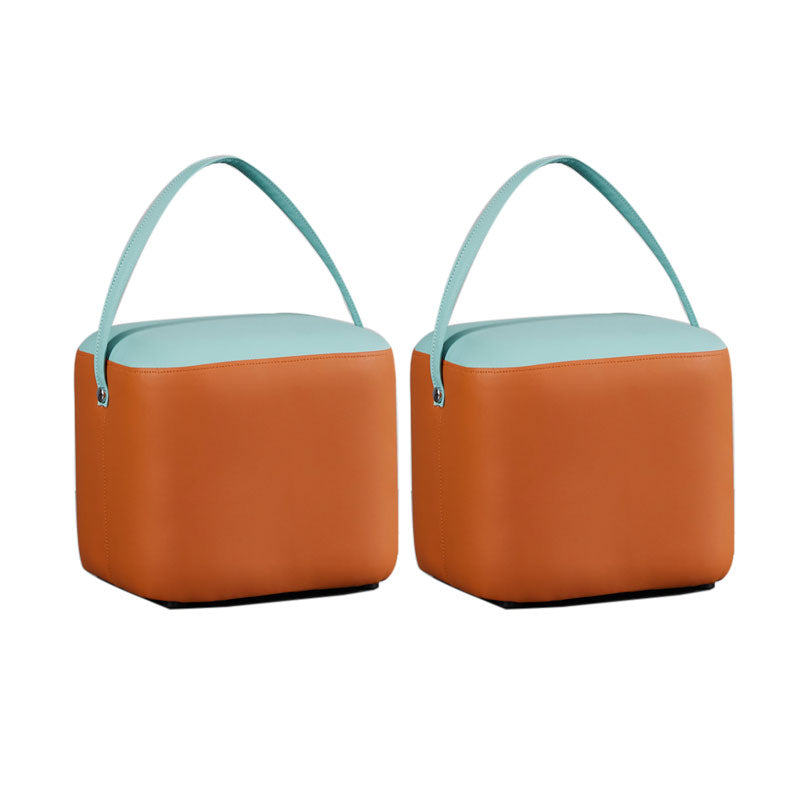 Contemporary Pouf Ottoman Genuine Leather Upholstered Portable Ottoman