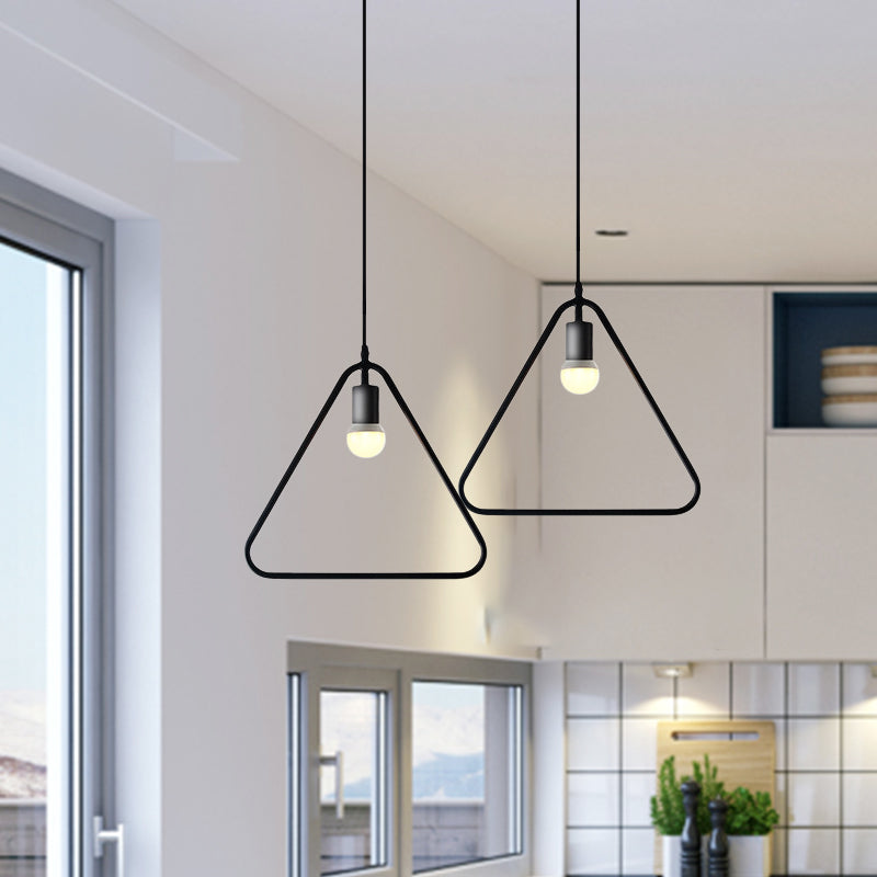 Industrial Triangle/Round Pendant Light 1 Head Metal Ceiling Lighting with Frame Shade in Black for Dining Room