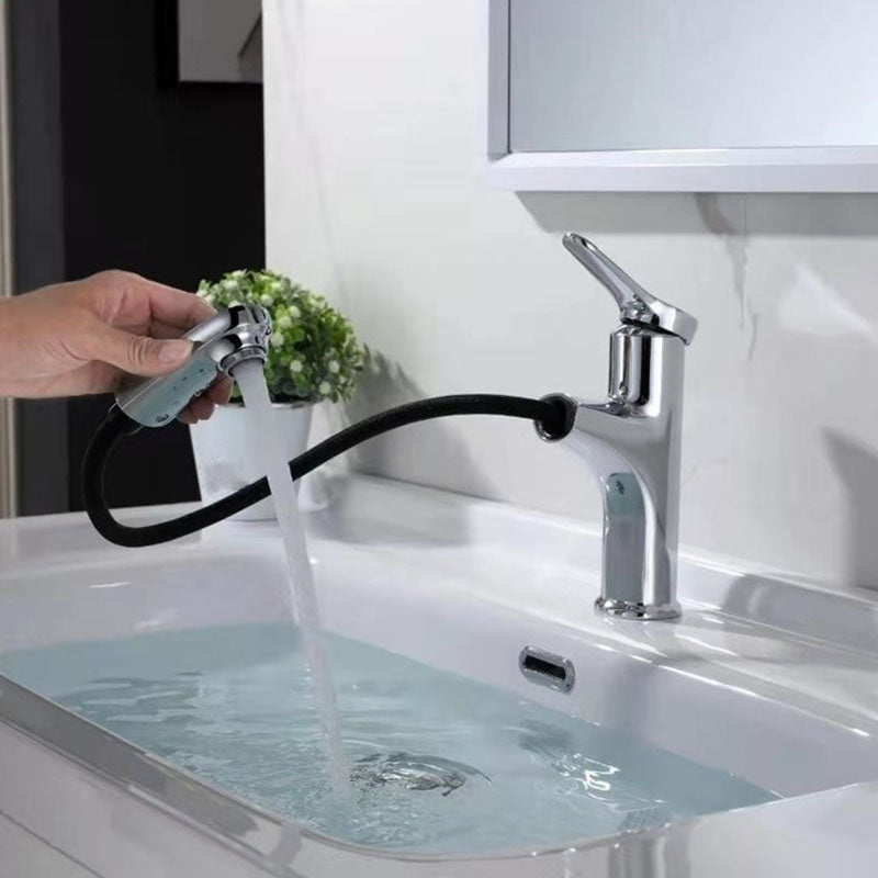 Modern Style Vessel Sink Faucet Lever Handle Copper Retractable Low Arc Vessel Faucet