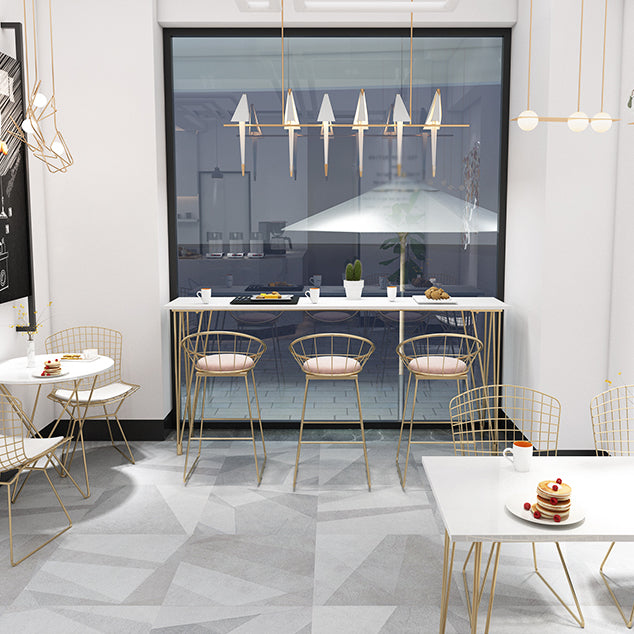 White Rectangle Pub Table Faux Marble Bar Height Cocktail Table with Metal Base