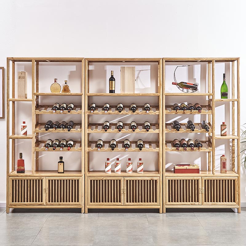 Mid-Century Modern Wine Racks Floor Solid Wood Wine Holder with Shelf