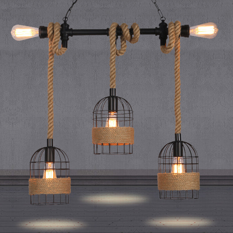 Industrial Iron Cage Shape Island Lamp Metal 5 Lights Pendant Light for Restaurant