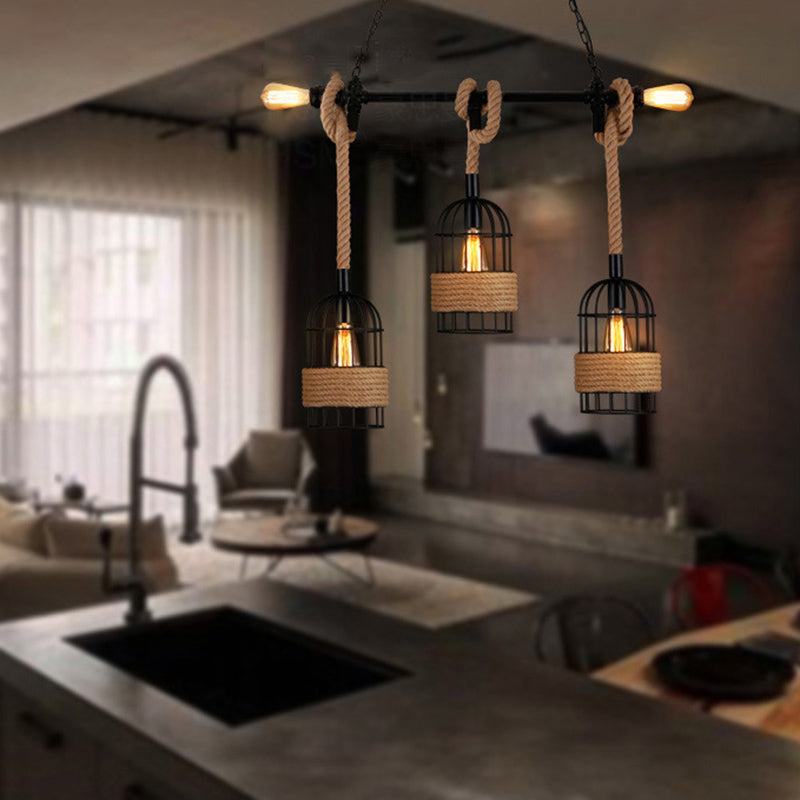 Industrial Iron Cage Shape Island Lamp Metal 5 Lights Pendant Light for Restaurant