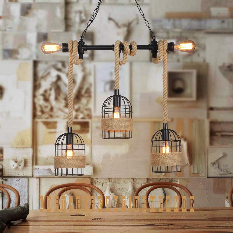 Industrial Iron Cage Shape Island Lamp Metal 5 Lights Pendant Light for Restaurant