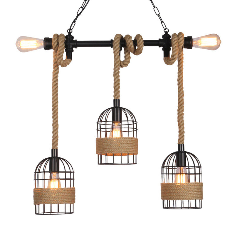Industrial Iron Cage Shape Island Lamp Metal 5 Lights Pendant Light for Restaurant