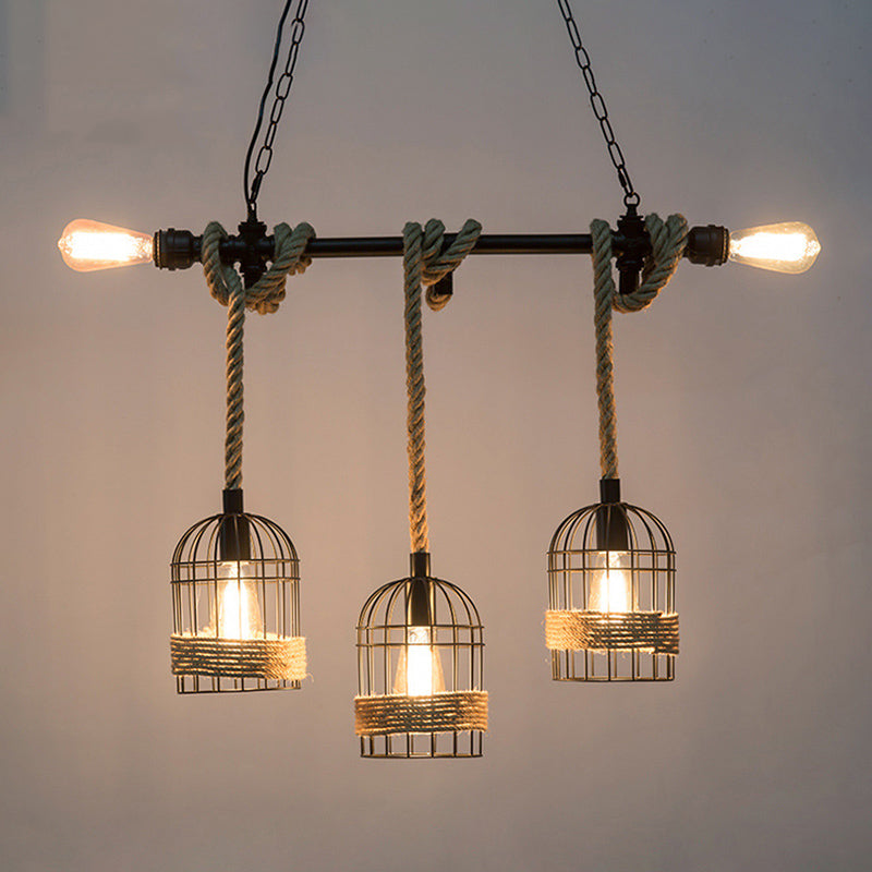 Industrial Iron Cage Shape Island Lamp Metal 5 Lights Pendant Light for Restaurant