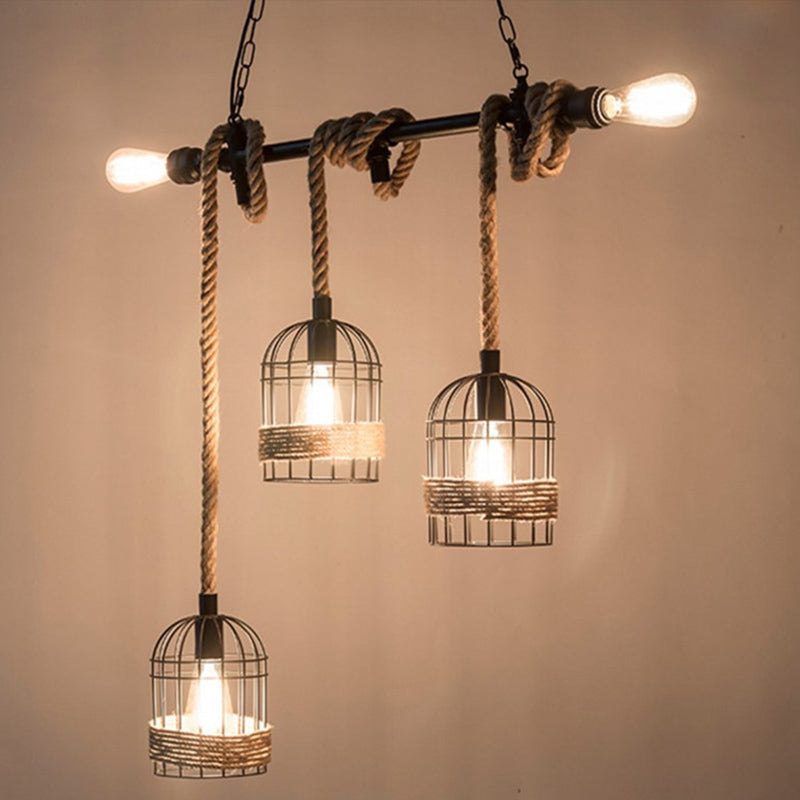Industrial Iron Cage Shape Island Lamp Metal 5 Lights Pendant Light for Restaurant