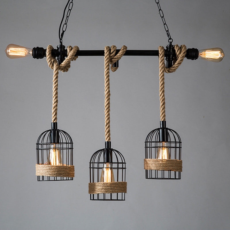Industrial Iron Cage Shape Island Lamp Metal 5 Lights Pendant Light for Restaurant