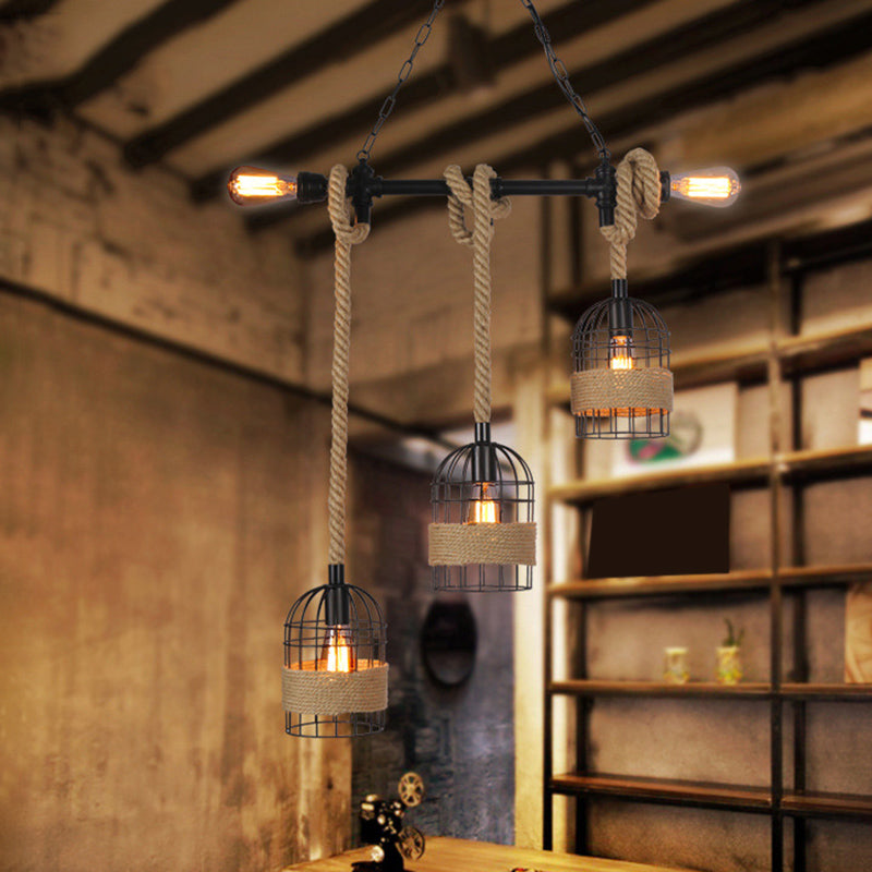 Industrial Iron Cage Shape Island Lamp Metal 5 Lights Pendant Light for Restaurant