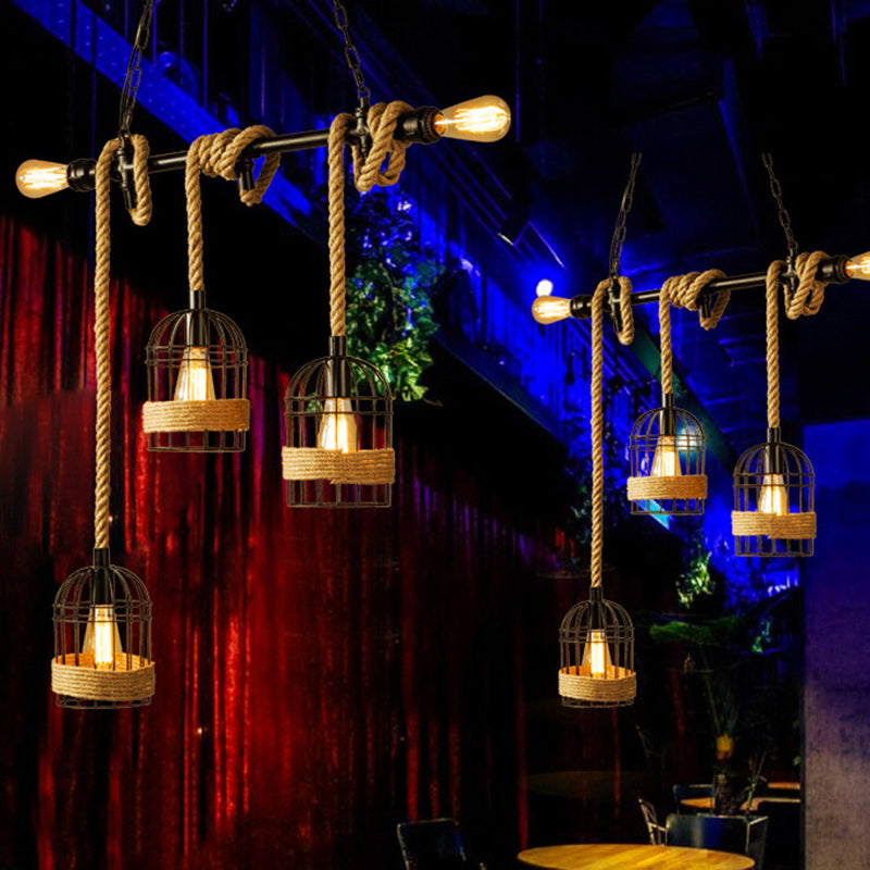 Industrial Iron Cage Shape Island Lamp Metal 5 Lights Pendant Light for Restaurant