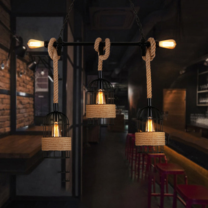 Industrial Iron Cage Shape Island Lamp Metal 5 Lights Pendant Light for Restaurant