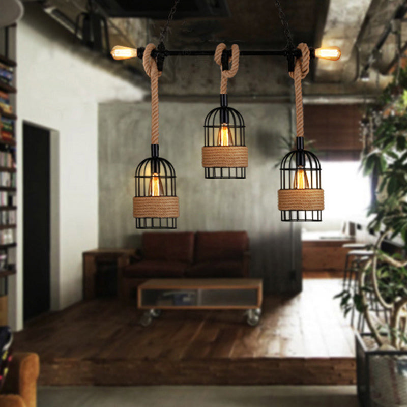 Industrial Iron Cage Shape Island Lamp Metal 5 Lights Pendant Light for Restaurant
