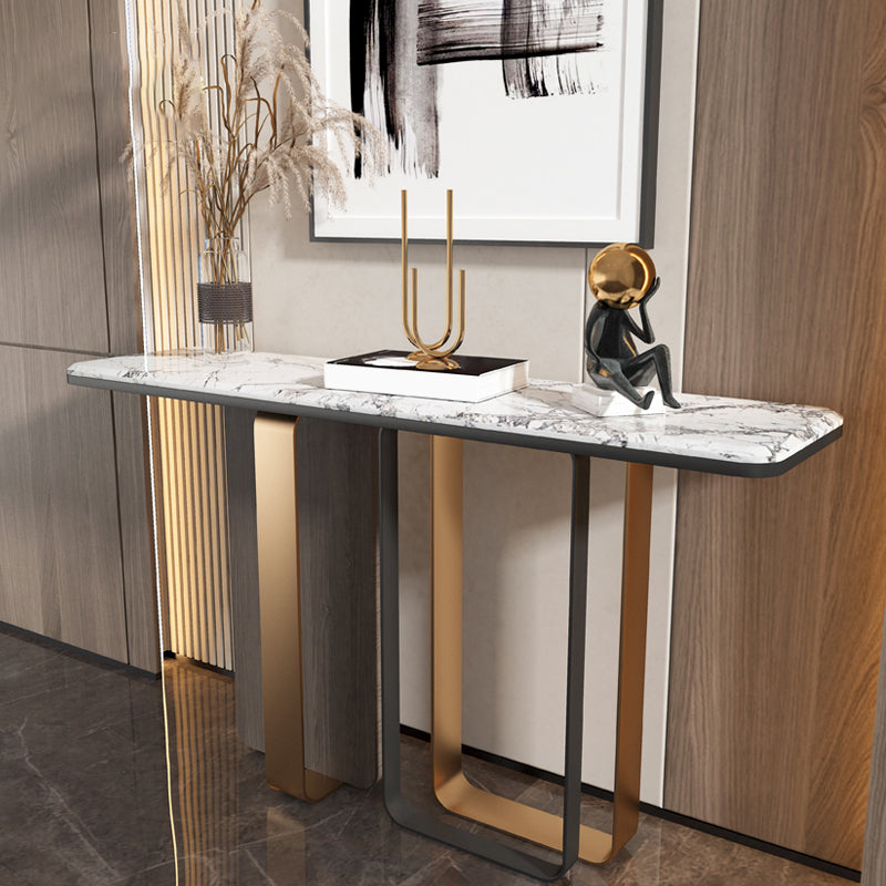 31"H Glam Accent Table Stone White Rectangle Console Accent Table