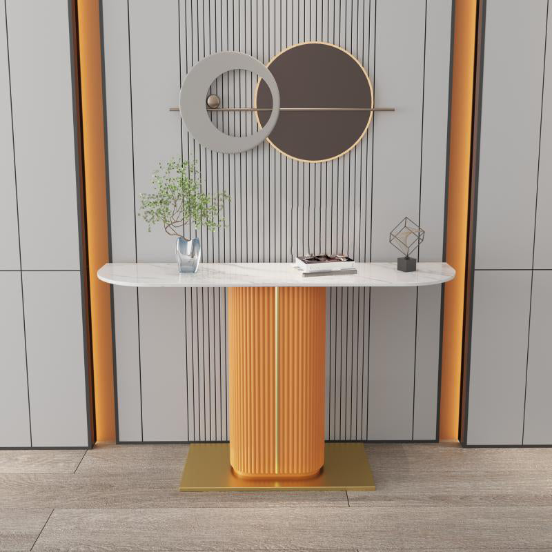 11" Wide Contemporary End Table Stone Half Moon Pedestal Accent Table