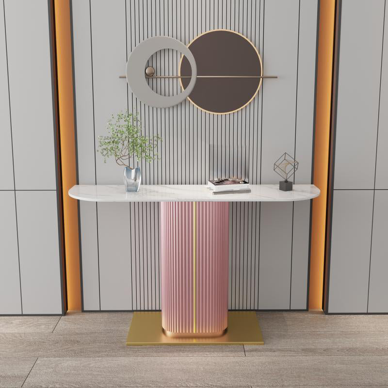11" Wide Contemporary End Table Stone Half Moon Pedestal Accent Table