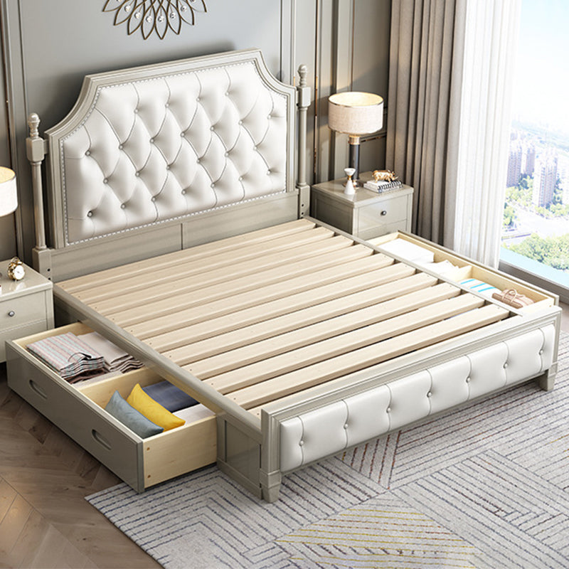 84.65 inch Wide Victorian Wingback Bed Frame Pine Wood Bed with Upholstered Headboard