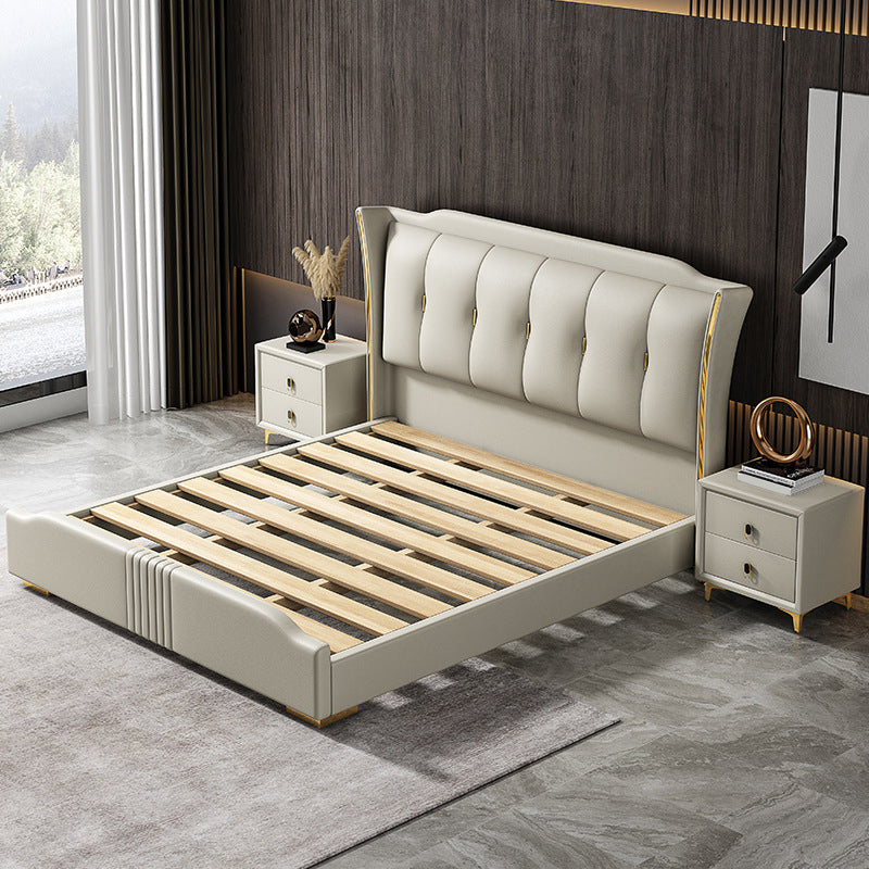 84.65 inch Wide Victorian Wingback Bed Pine Wood Bed with Upholstered Headboard