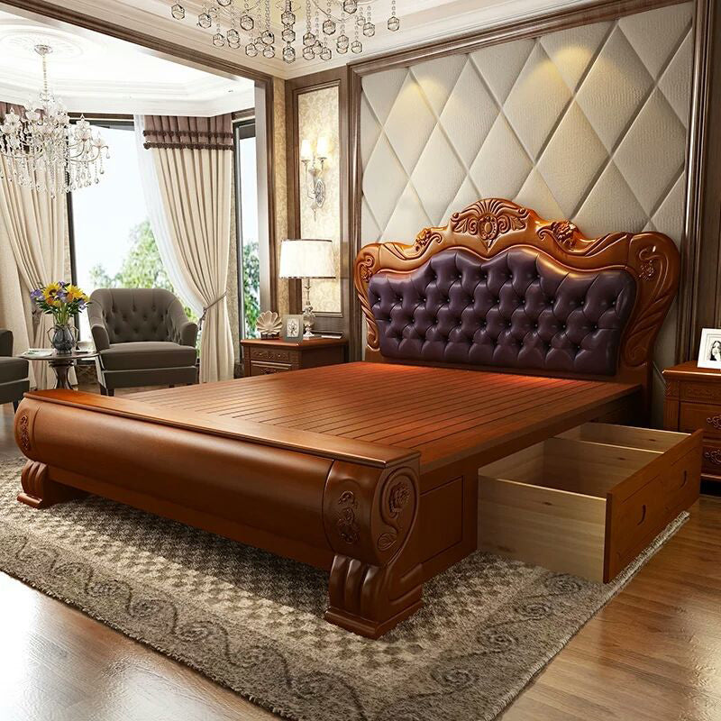 84.65 inch Wide Traditional Bed Rubberwood Bed Frame with Headboard