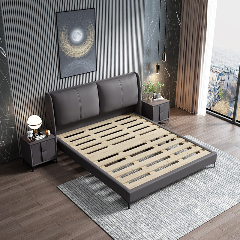 Grey Pine Wood Panel Bed Leather Bed Frame with Upholstered Headboard