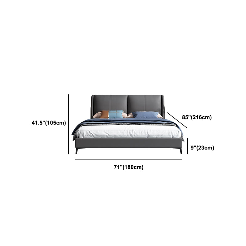 Grey Pine Wood Panel Bed Leather Bed Frame with Upholstered Headboard