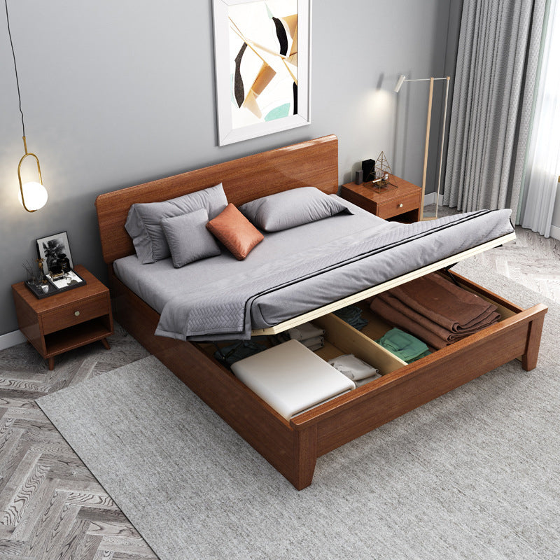 Queen Bed 43.3 Inch High Walnut Panel Bed in Brone with 4 Legs