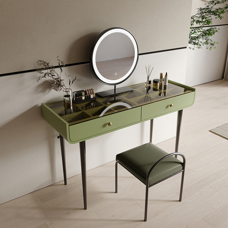 16.53" Wide Glass Makeup Counter Green Vanity Tables with 2 Storage Drawers