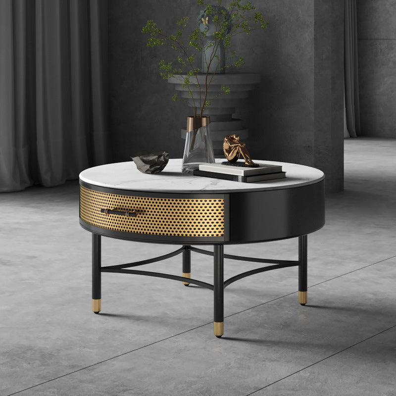 17.7" H Round Slate Coffee Table 4 Legs Cocktail Table with Drawer