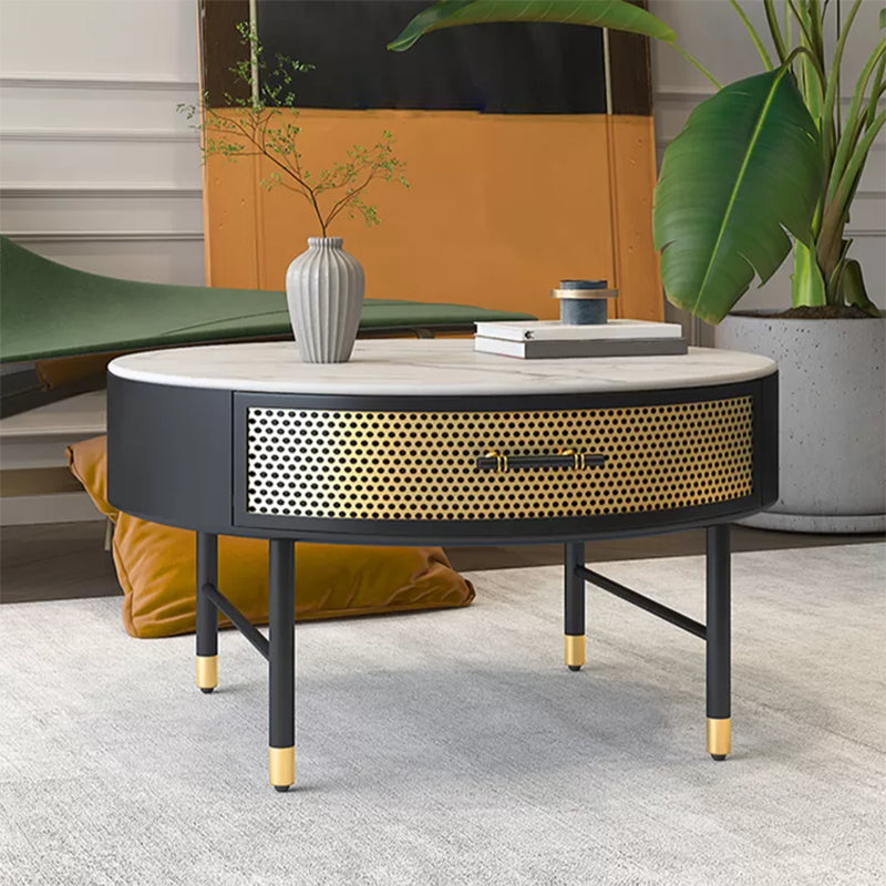 17.7" H Round Slate Coffee Table 4 Legs Cocktail Table with Drawer