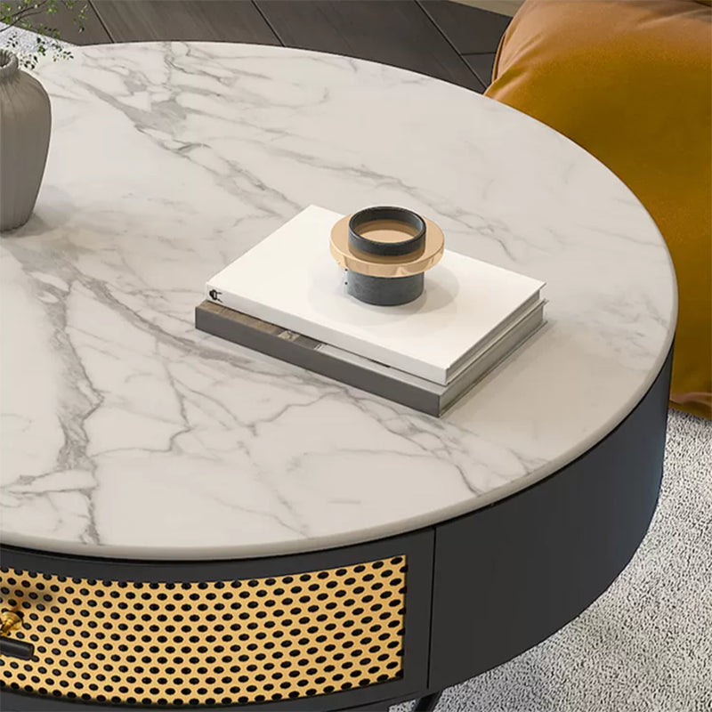 17.7" H Round Slate Coffee Table 4 Legs Cocktail Table with Drawer