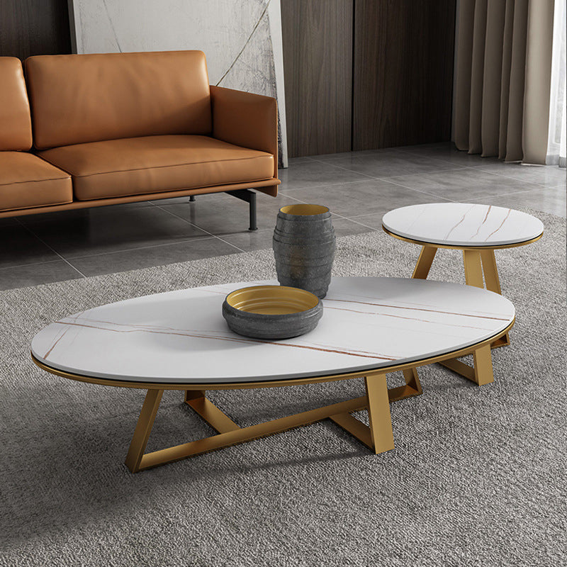 Frame Base Coffee Table Glam Elliptical Stone Top Cocktail Table