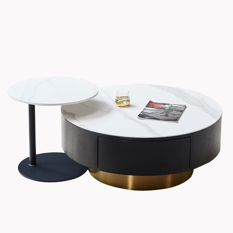 Luxurious Stone Round Coffee Cocktail Table with Storage Drawer