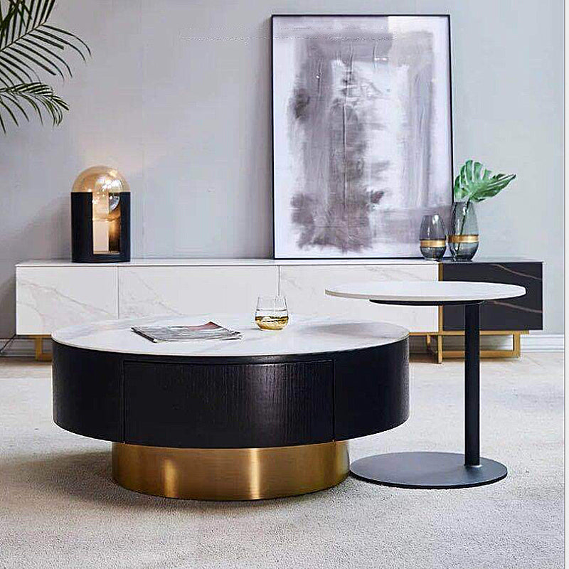 Luxurious Stone Round Coffee Cocktail Table with Storage Drawer