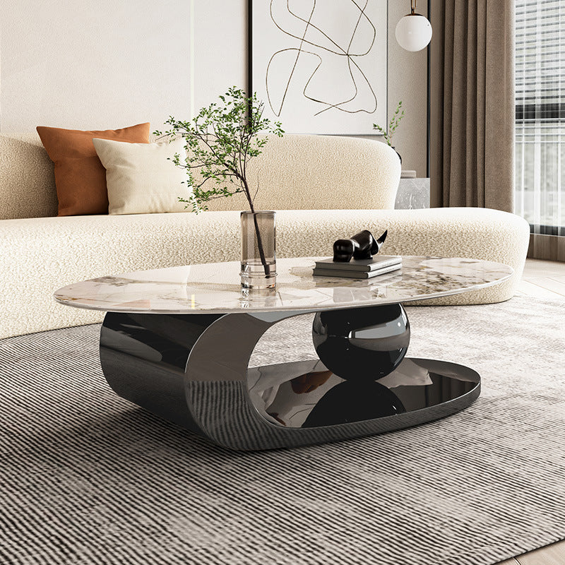 Elliptical Stone Glam Abstract Coffee Cocktail Table with Floor Shelf