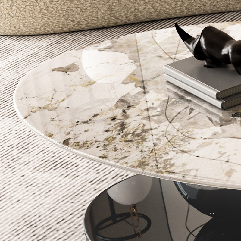 Elliptical Stone Glam Abstract Coffee Cocktail Table with Floor Shelf