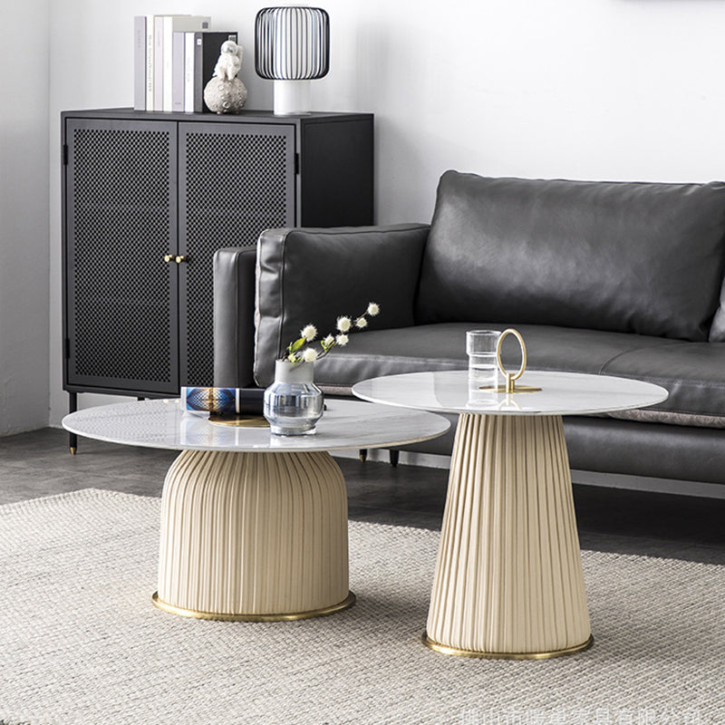 Glam Stone Top Coffee Table Pedestal Round Cocktail Table in White