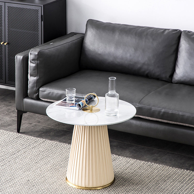 Glam Stone Top Coffee Table Pedestal Round Cocktail Table in White