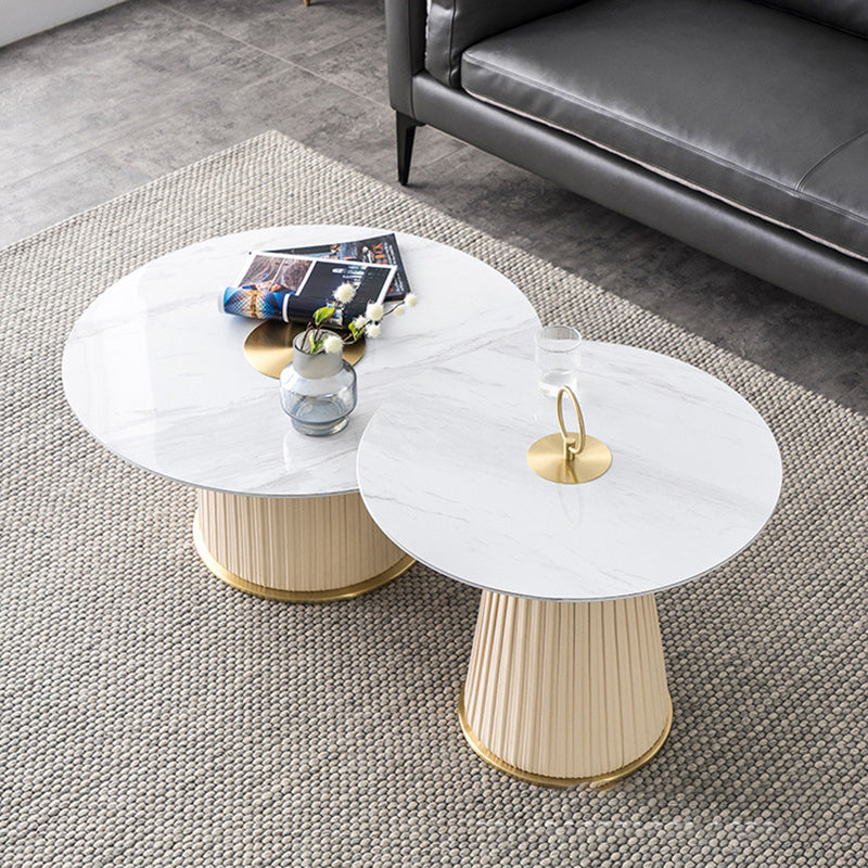 Glam Stone Top Coffee Table Pedestal Round Cocktail Table in White